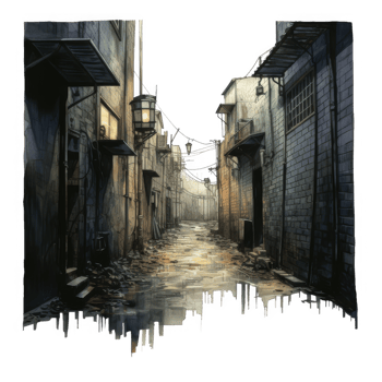 Nocturnal cobblestone alleyway scene with illuminated lanterns and aged buildings. png
