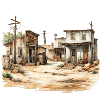 Desolate Western Town Rustic Buildings and Arid Landscape png