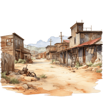 Deserted Western Town Street Scene, Abandoned Buildings and Dusty Road png