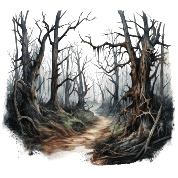 A painting of a forest with trees and a path png