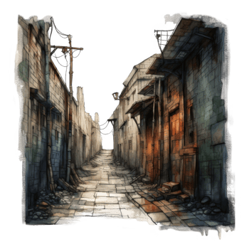 Nocturnal cobblestone alleyway scene with illuminated lanterns and aged buildings. png