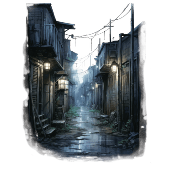Nocturnal cobblestone alleyway scene with illuminated lanterns and aged buildings. png