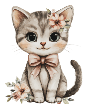 Cute grey kitten with a bow and flowers in spring png