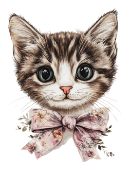 Cute kitten with a floral bow illustration png