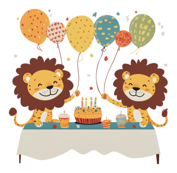 Lions celebrate a birthday with cake and balloons png