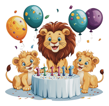 Friendly lions celebrate a birthday with balloons png