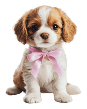 Cute brown and white puppy with a pink bow sitting png