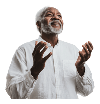 Joyful elderly man raising hands indoors png