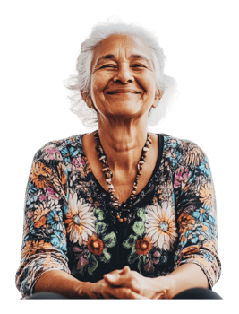 Joyful elderly woman smiling in colorful attire png