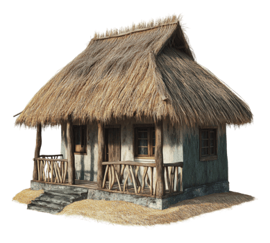 Traditional thatched cottage in a rural setting png