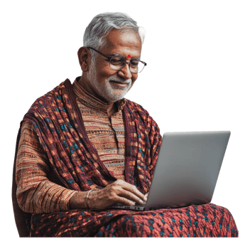 Senior man engaged in online activities at home png