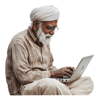 Elderly man using a laptop outdoors in rural India png