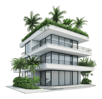 Modern tropical building with green roof png