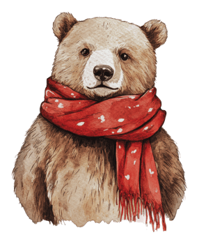 A bear wearing a cozy red scarf in winter png