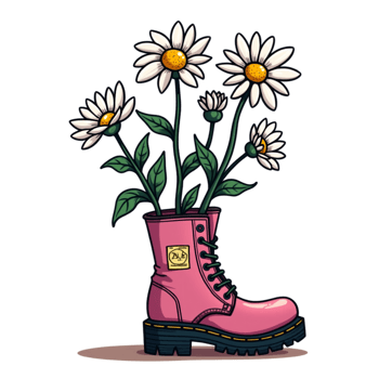 A pink boot is creatively used as a planter, with blooming daisies growing from cutouts png