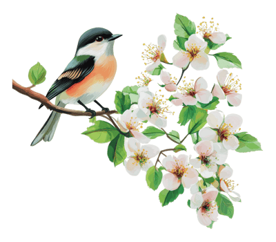 Colorful bird perched on a branch with blossoms png