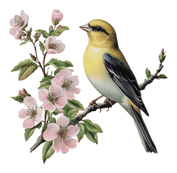 Yellow bird perched on a branch with pink blossoms png