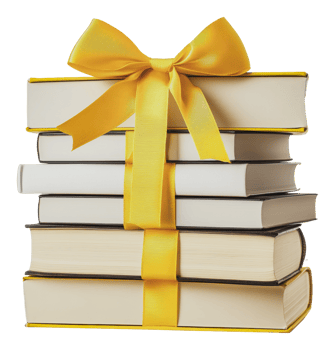 Stack of gift-wrapped books with a yellow ribbon png