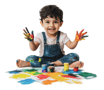 Young child joyfully painting with colorful hands png
