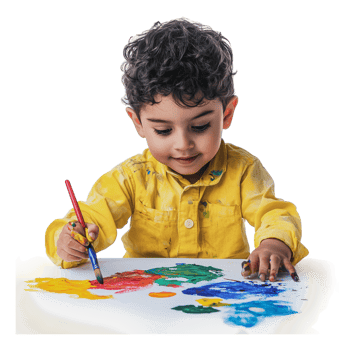 Child creating art with colorful paints in studio png