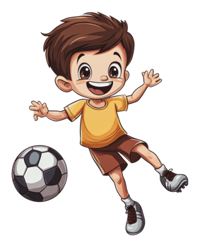 Young boy kicking a soccer ball in playful action png