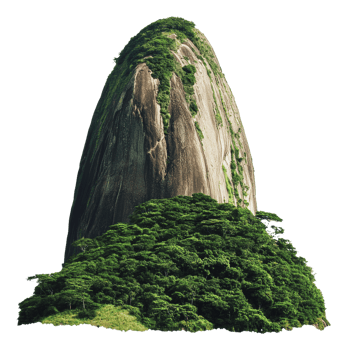 Tall rocky mountain surrounded by lush greenery png