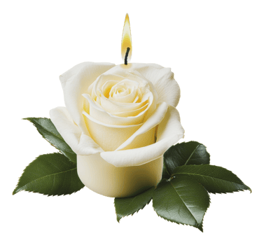 A white rose candle resting on green leaves png
