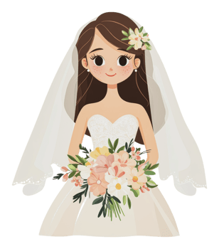 A cheerful bride in a wedding dress holds flowers png