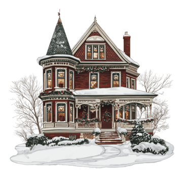 Victorian house adorned for winter snow png