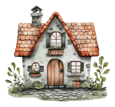 Charming cottage with greenery and flower boxes png
