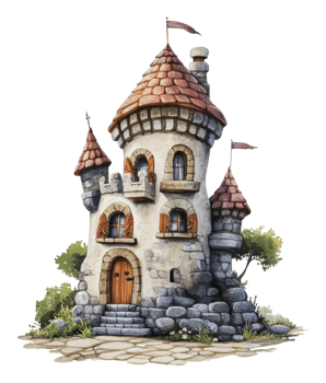 A whimsical stone castle with a tower and flags png