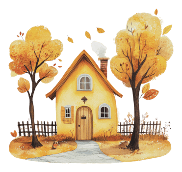 Charming yellow cottage surrounded by autumn trees png