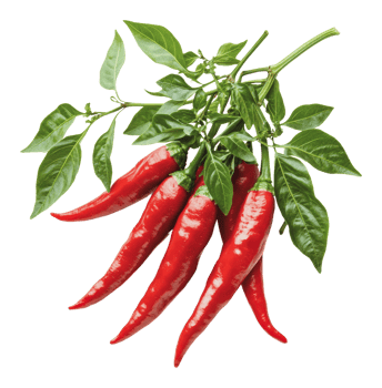 Fresh red chilies on green branch png