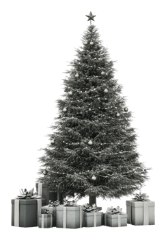 Elegant Christmas tree with black and silver gifts png