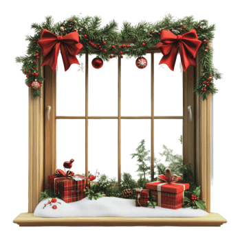 Christmas window with gifts and greenery png