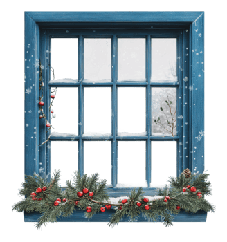 Cozy winter window with snow and decorations png