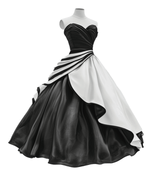 Elegant black and white evening gown on display png