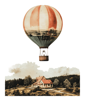 Colorful hot air balloon over a rural landscape png