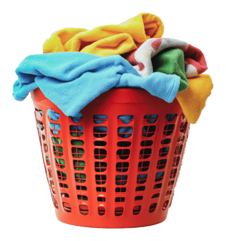 Colorful towels piled in a red laundry basket png