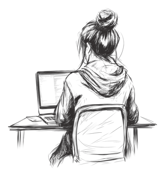 Young woman working on a laptop at a desk png