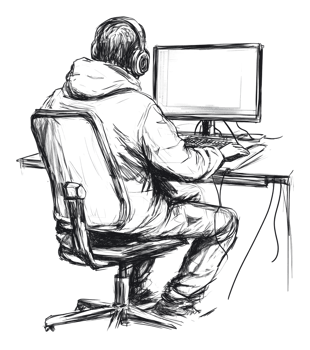 Person focused on computer work in a home office png