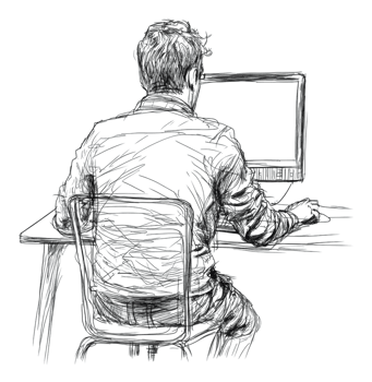 Worker at a desk using a computer png