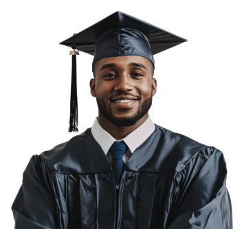 Recent grad in cap and gown celebrates png