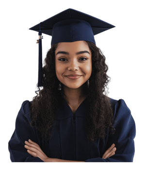 Proud graduate in cap and gown smiling confidently png