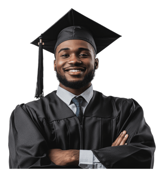 Joyful grad in cap and gown post-ceremony png