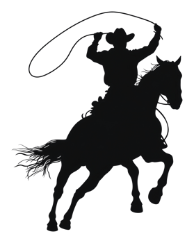 Cowboy roping on horseback at sunset in a desert png