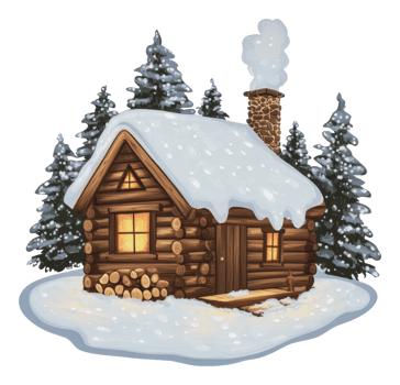 Cozy log cabin surrounded by snowy trees in winter png