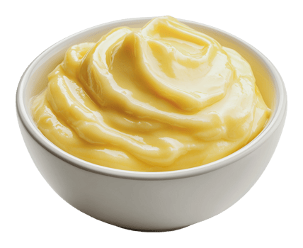 Creamy yellow custard served in a white bowl png