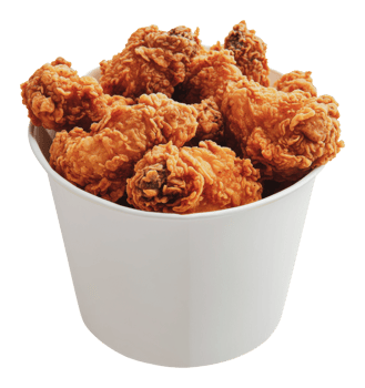 Crispy fried chicken in a white serving bucket png