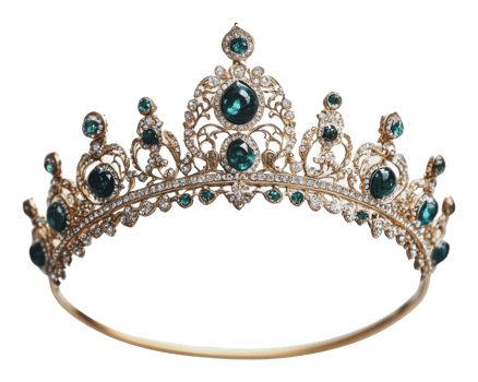 Elegant gold tiara adorned with emerald gemstones png